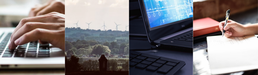 Typing on a keyboard, a field of wind turbines, a laptop with a blue and white tech pattern and writing in a notebook